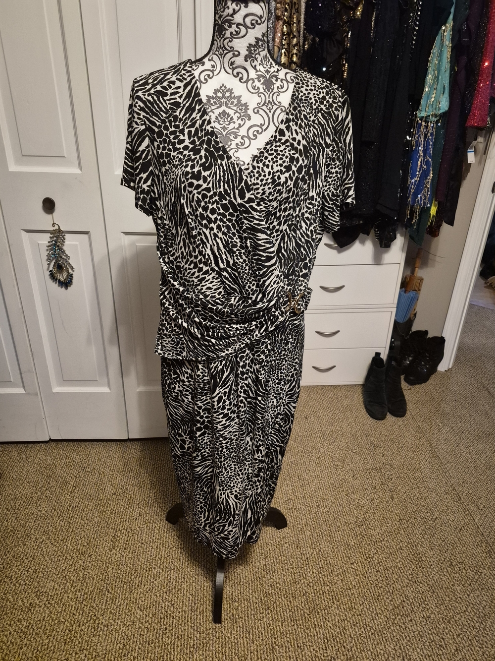 Thalia Sodi Black and White Animal Print Midi Dress
